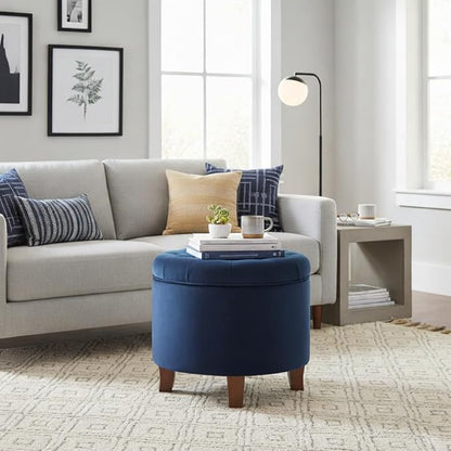 Homepop Home Decor | Upholstered Round Velvet Tufted Foot Rest Ottoman | Ottoman with Storage for Living Room & Bedroom | Decorative Home Furniture, Navy