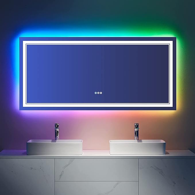 60x28 Inch LED Bathroom Mirror with Lights, RGB Color Changing Lighted Mirrors for Bathroom Wall, Dimmable, Anti-Fog,Large LED Mirror for Bathroom (RGB Multicolor Backlit+Front-Lit)