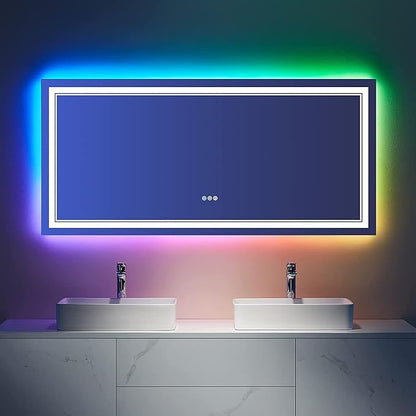 60x28 Inch LED Bathroom Mirror with Lights, RGB Color Changing Lighted Mirrors for Bathroom Wall, Dimmable, Anti-Fog,Large LED Mirror for Bathroom (RGB Multicolor Backlit+Front-Lit)