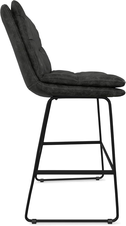 SIMPLIHOME Danika Bar Stools (Set of 2) - 29 inch Seat Height Upholstered Metal Bar Chairs in Distressed Charcoal Grey Vegan Faux Leather, Mid Century Seating for Kitchen with Tufted Pillow-Top Seat