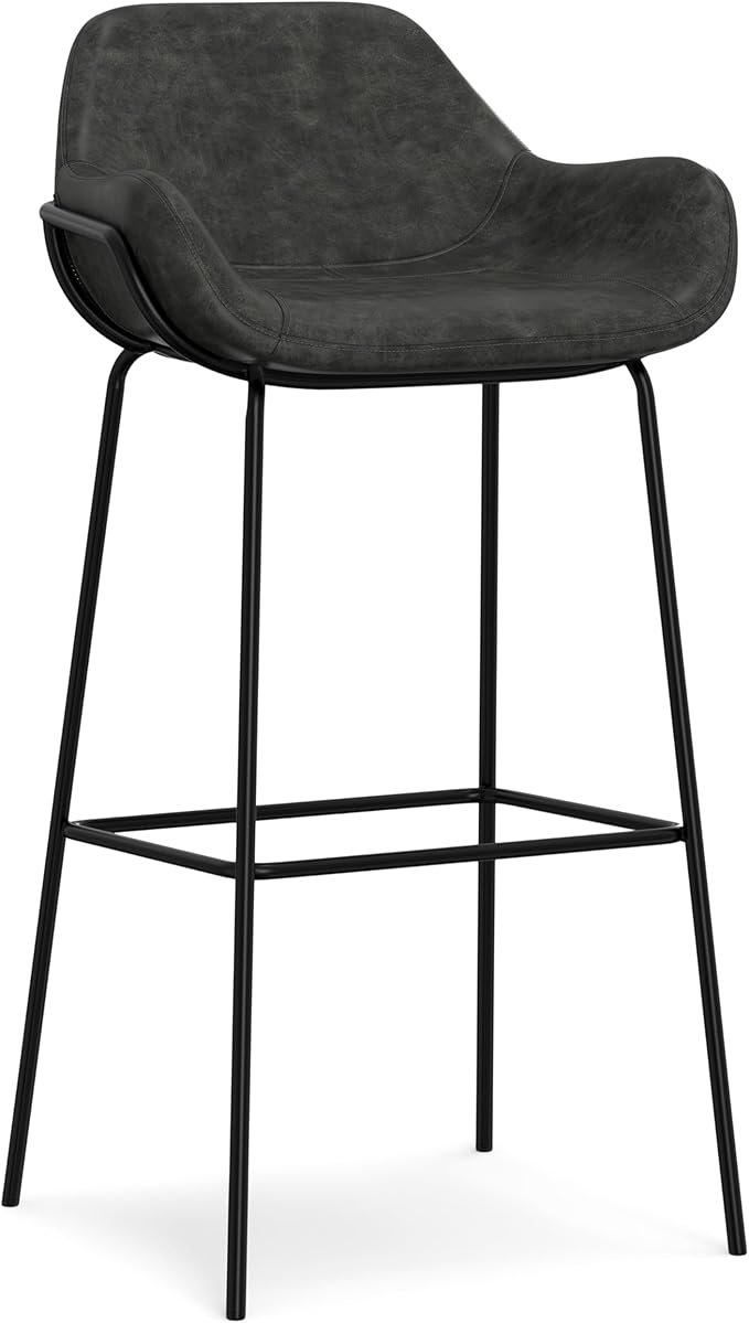 SIMPLIHOME Mira Bar Stools (Set of 2) - 30 inch Seat Height Upholstered Metal Bar Chairs in Distressed Slate Grey Vegan Faux Leather, Contemporary Seating with Curved Cushioned Seat and Armrests