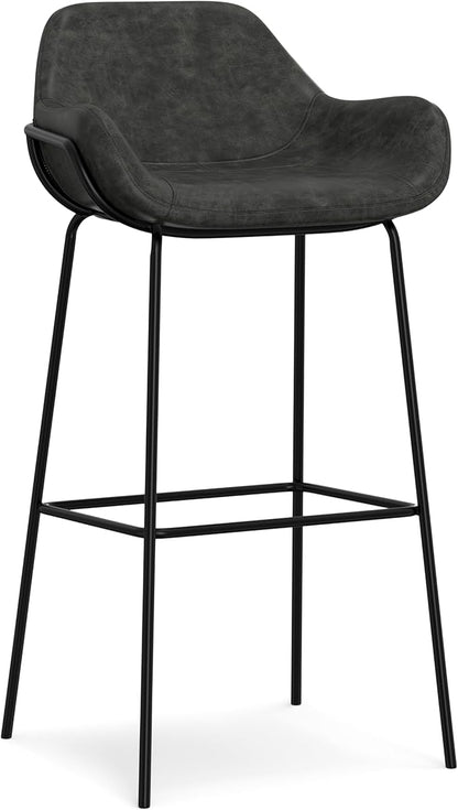 SIMPLIHOME Mira Bar Stools (Set of 2) - 30 inch Seat Height Upholstered Metal Bar Chairs in Distressed Slate Grey Vegan Faux Leather, Contemporary Seating with Curved Cushioned Seat and Armrests