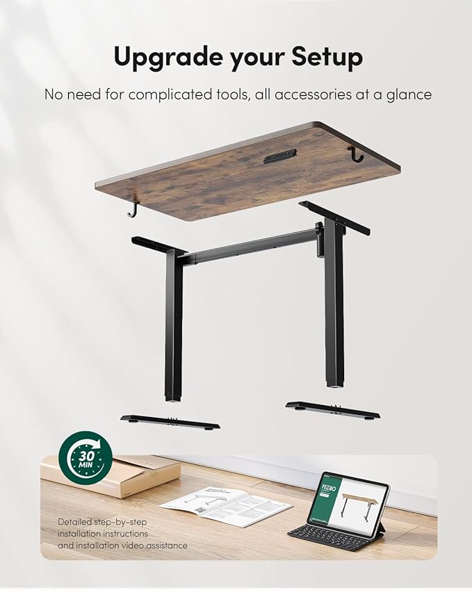FEZIBO One-Piece Standing Desk Adjustable Height Stand up Home Office Desk, 32x24 Inch Electric Standing Computer Desk, with 4 Memory Presets, Headphone Hook, Rustic Brown
