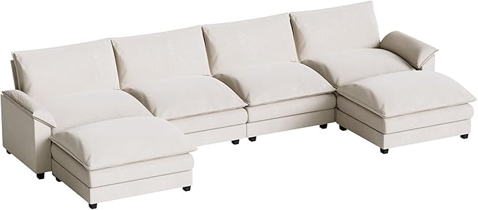 Homall 159" Modular Sectional Sofa, U Shaped Sofa Couch with Reversible Ottoman, DIY Combination Chenille Deep 4-Seat Cloud Couch for Living Room, Apartment (White, U Shaped Sofa)