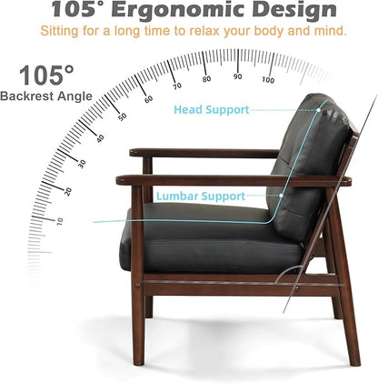 STHOUYN Mid Century Modern Chair, PU Leather Accent Chair Set of 2 with Wood Arms, Living Room Chairs, Reading Armchair for Bedroom, Waiting Room, Office