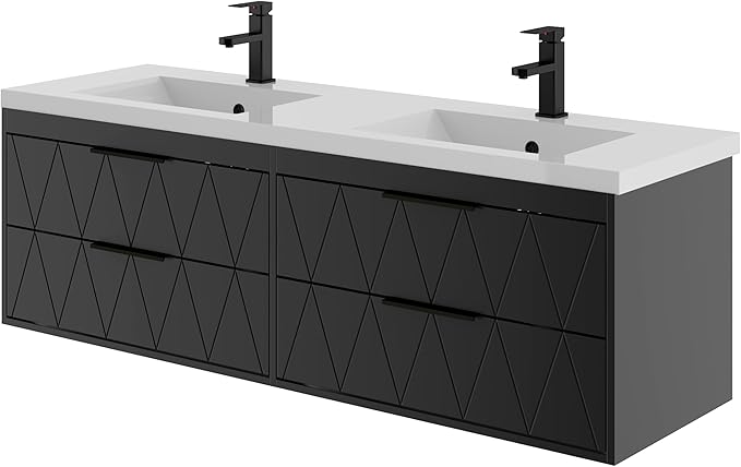 eclife 60" Bathroom Vanities Cabinet with Sink Combo, Wall Mounted Floating Cabinet W/Decor Line, Soft-Close System, 4 Extra Big Drawers, Matte Black Faucet, Black