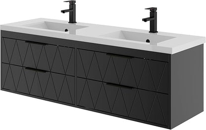 eclife 60" Bathroom Vanities Cabinet with Sink Combo, Wall Mounted Floating Cabinet W/Decor Line, Soft-Close System, 4 Extra Big Drawers, Matte Black Faucet, Black