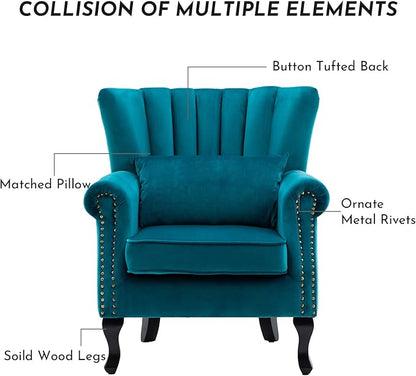 Accent Reading Arm Chairs Midcentury Modern Comfy Corner Sofa Chair, Wingback Waiting Room Club Chair with Tufted Back for Living Room/Bedroom/Reception Room, Velvet Teal