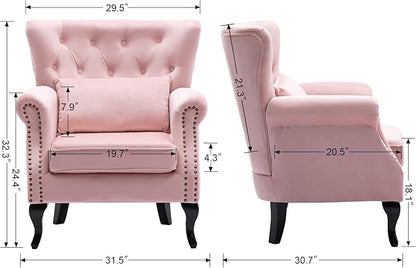 chairus Mid-Century Modern Accent Chairs Set of 2, Comfy Tufted Single Sofa Chair Wingback Armchair with Pillow for Club, Living Room, Bedroom - Velvet, Pink