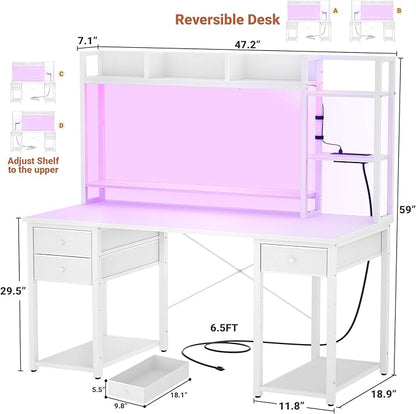 Aheaplus Desk with LED and Outlets, Gaming Desk with Hutch, 47.2'' Computer Desk with Drawers, Reversible Office Desk with Storage Bookshelf Large Workstation Desk with Shelf, Desk for Home, White