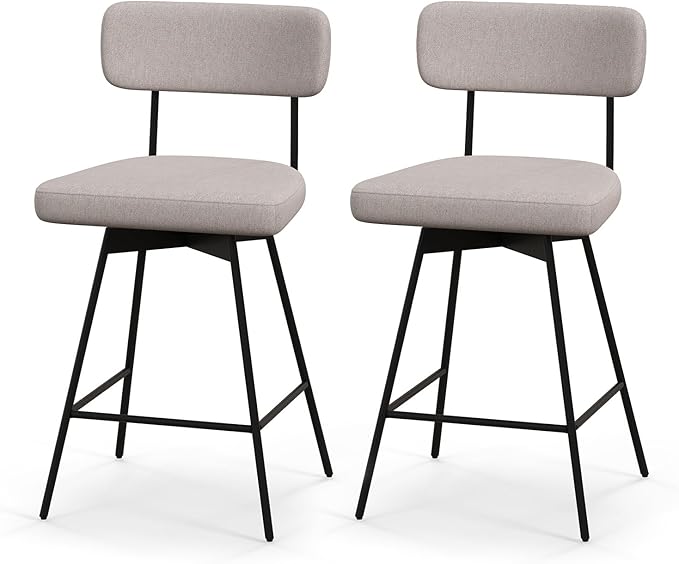 COSTWAY Bar Stools Set of 2, 25” Upholstered Counter Height Bar Stools with Back, 360° Swivel Dining Chairs with Heavy-Duty Metal Legs and Footrests, for Kitchen Island, Dining Room, Bar (2, Beige)