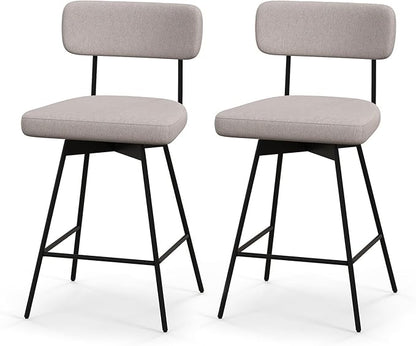 COSTWAY Bar Stools Set of 2, 25” Upholstered Counter Height Bar Stools with Back, 360° Swivel Dining Chairs with Heavy-Duty Metal Legs and Footrests, for Kitchen Island, Dining Room, Bar (2, Beige)