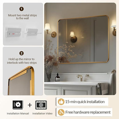 ANDY STAR Bathroom Mirror for Wall, 30x40 Inch Gold Rectangle Mirror for Bathroom with Rounded Corner, Modern Brushed Brass Vanity Rectangular Mirrors with Tube Metal Frame, Wall Mounted