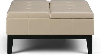 SIMPLIHOME Dover 36 inch Wide Contemporary Square Coffee Table Storage Ottoman in Satin Cream Vegan Faux Leather, Assembled, For the Living Room and Bedroom