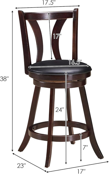 COSTWAY Bar Stools Set of 2, 360-Degree Swivel Stools with Leather Padded Seat, Single Slat Back & Solid Rubber Wood Legs, Counter Height Stools for Pub, Restaurant, Kitchen, Brown (4)