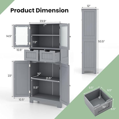 LOKO Bathroom Cabinet, Linen Storage Organizer with Doors & Drawers, Wooden Floor Cabinet with Adjustable Shelves for Bathroom, Living Room or Kitchen (Grey)
