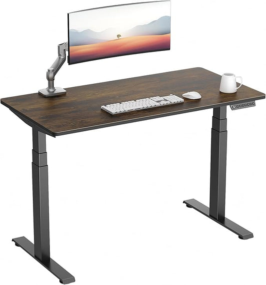 3 Stages Dual Motor Electric Standing Desk with One Piece Desktop, 48 x 24 Inch Adjustable Height Sit to Stand Up Desk for Home Office, Work & Study, Black Frame & Brown Desktop (2 Packages)