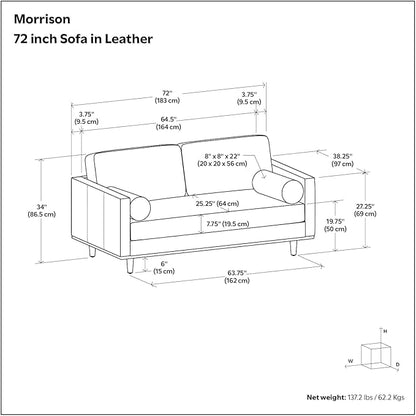 SIMPLIHOME Morrison 72-inch Wide Sofa in Lead Black Genuine Leather, Mid-Century Modern-Style Loveseat for Living Room, Single Bench Cushion, Removable Back Cushions, 2 Bolster Pillows