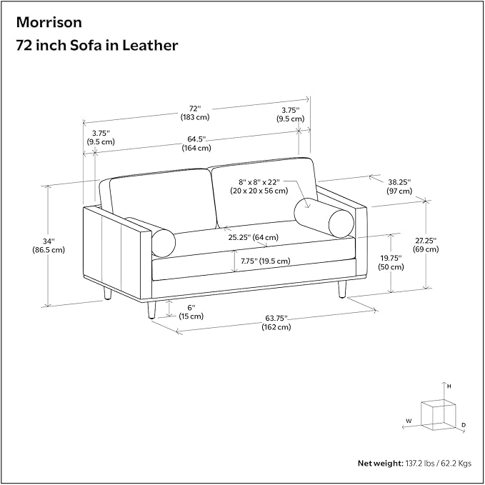 SIMPLIHOME Morrison 72-inch Wide Sofa in Moss Green Genuine Leather, Mid-Century Modern-Style Loveseat for Living Room, Single Bench Cushion, Removable Back Cushions, 2 Bolster Pillows