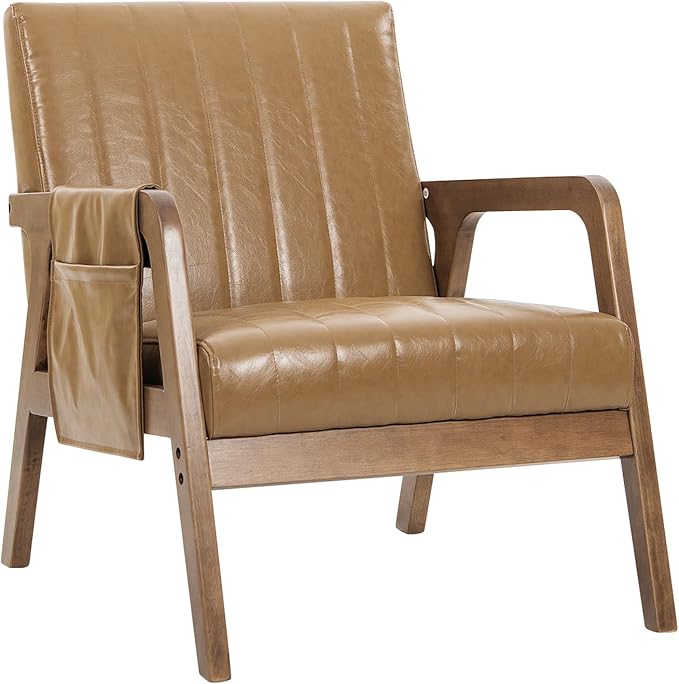 EROMMY Mid Century Modern Leather Accent Chair with Wood Frame, Faux Leather Accent Armchair with Storage Bag,Pu Living Room Accent Chair for Reading, Bedroom,Light Brown