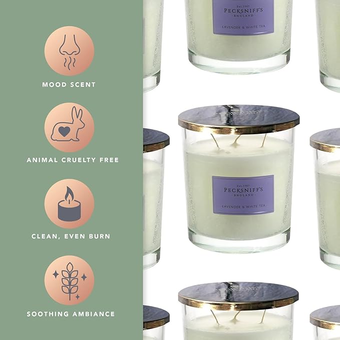 Pecksniffs Lavender & White Tea Scented Candle | Elegant Glass Vessel with Metal Lid Candles for Home Scented | 3 Wick Candles, 550g/19.4oz