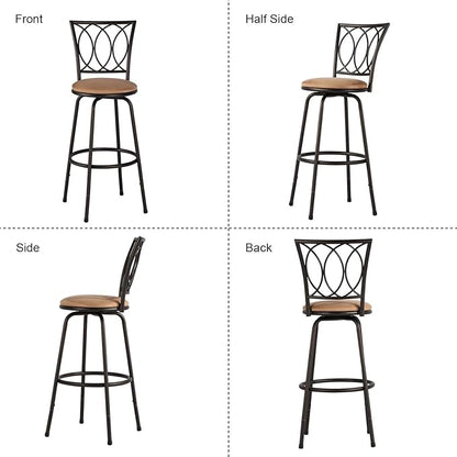 VECELO Adjustable Height Barstools 360 Degree Swivel Sturdy Steel Bistro Pub Chair/Comfortable Round Seat Cushions-Set of 2, Style B, Retro Brown