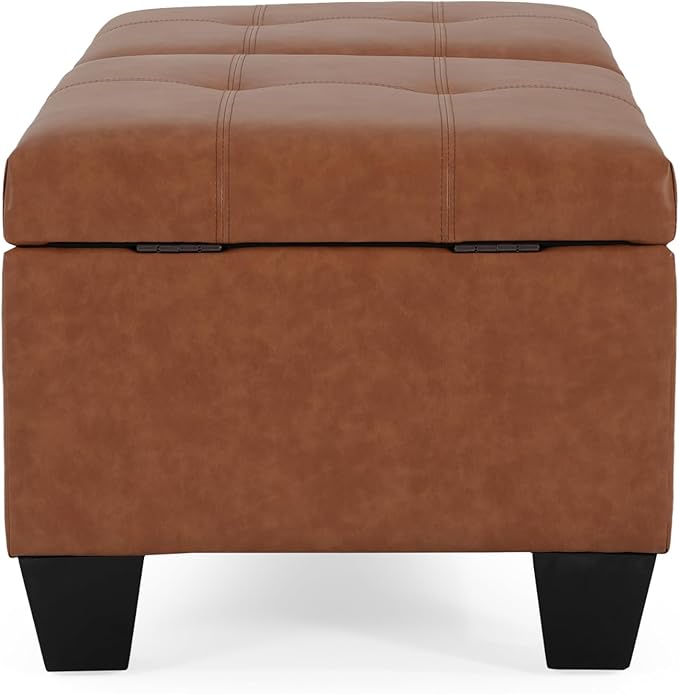 Christopher Knight Home Lanister Faux Leather Upholstered Storage Ottoman Bench, Wooden Rectangular Ottoman with Storage, Living Room Ottoman Coffee Table, Sofa Footstool, Tan Brown