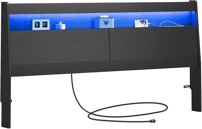 Modern Wooden Headboard Only with Storage,Wall Mount Bed Backboard with LED Light Power Outlets 2 USB Ports for Bedroom (Black, King)