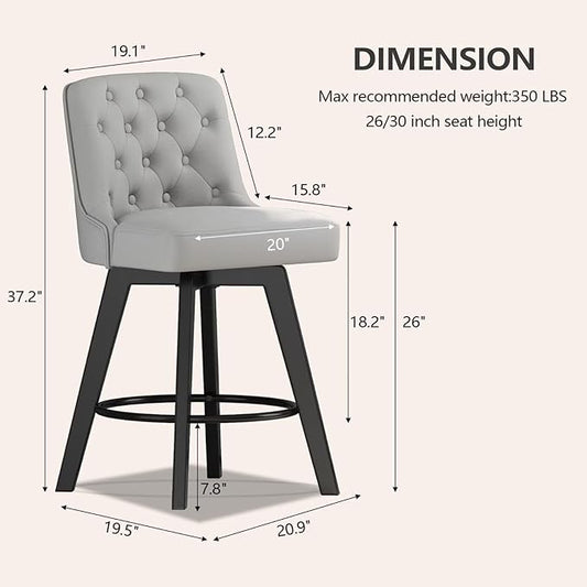 MINCETA Bar Stools Set of 4, PU Leather Barstools, 26 Inch Upholstered Counter Stools with Low Tufted Back and Footrest, Swivel Counter Height Barstools for Kitchen Island Home Bar Light Gray