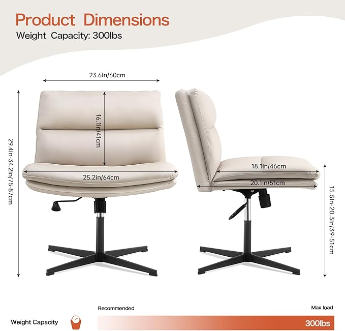 EMIAH Armless Office Desk Chair No Wheels PU-Padded Vanity Mid-Back Ergonomic Home Computer Comfortable Adjustable Swivel Task Chair with Thickened Cushion