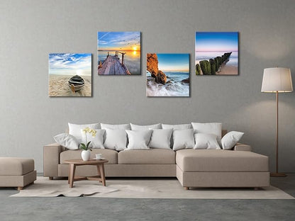 Wieco Art Seaview Sea Beach Canvas Prints Wall Art Large Modern 4 Panels Seascape Giclee Paintings Pictures Stretched and Framed Landscape Artwork Ready to Hang for Home Decorations