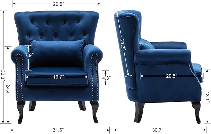 chairus Mid-Century Modern Accent Chair Comfy Tufted Single Sofa Chair Wingback Armchair with Pillow for Club, Living Room, Bedroom - Velvet, Blue