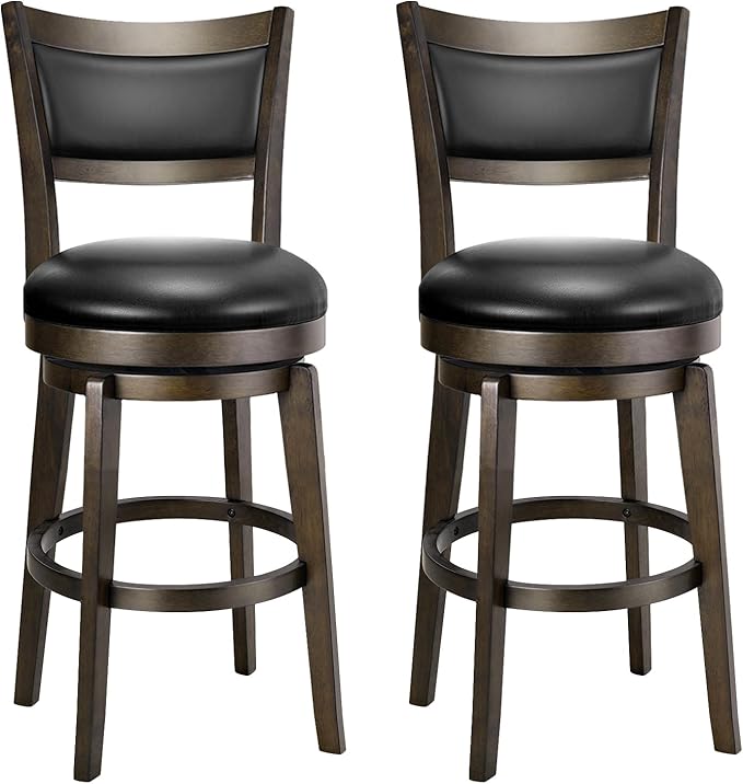 PrimeZone Swivel Bar Stools Set of 2, 24 Inch Counter Height Barstools, Black Faux Leather Bar Stool with High Backrest & Solid Wood Legs & Wrap-around Footrest, Counter Stools for Kitchen Island, Pub