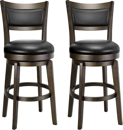 PrimeZone Swivel Bar Stools Set of 2, 24 Inch Counter Height Barstools, Black Faux Leather Bar Stool with High Backrest & Solid Wood Legs & Wrap-around Footrest, Counter Stools for Kitchen Island, Pub