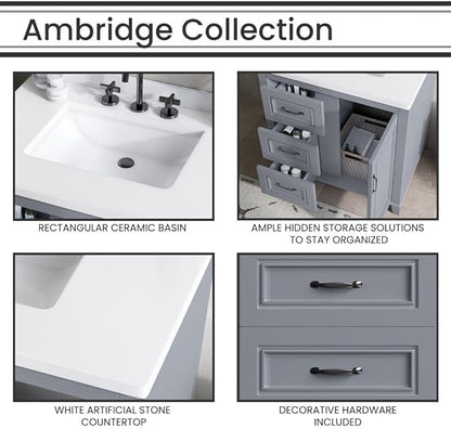 Hanover Ambridge 31'' Vanity Cabinet with Sink Combo for Bathroom, Powder Room | Pre-Assembled Cabinet | 1 Door, 3 Drawers | Artificial Stone Countertop, Gray Cabinet | HANVN0104-31-0GR