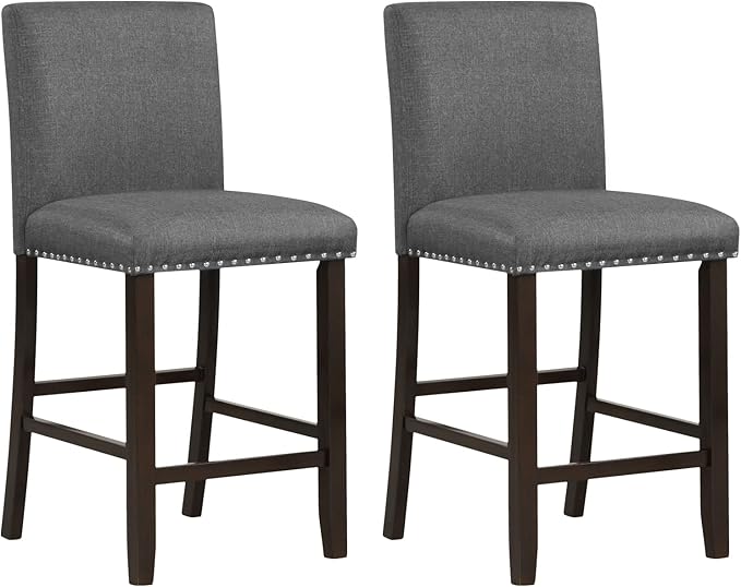 COSTWAY Bar Stools Set of 2, 25.5” Linen Fabric Armless Counter Height Chair with Back, Kitchen Island Breakfast Chair for Dining Room, Party Room & Restaurant (2, Grey)
