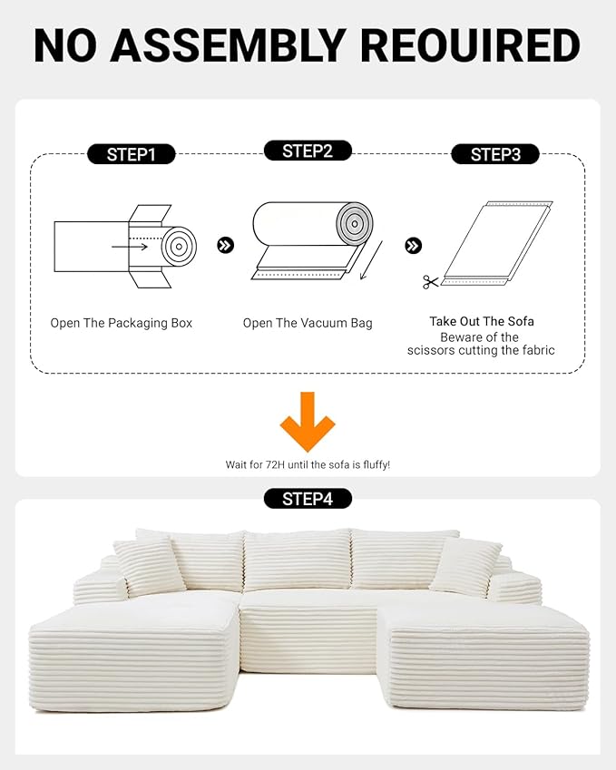 108 Inch Cloud Sectional Couch,Modern Modular Sectional Sofa with Deep Seat,Corduroy Boneless Couches with L-Shape Chaise for Living Room,No Assembly Required (Beige, Left Facing Chaise + Ottoman)