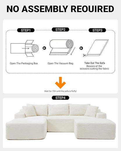 108 Inch Cloud Sectional Couch,Modern Modular Sectional Sofa with Deep Seat,Corduroy Boneless Couches with L-Shape Chaise for Living Room,No Assembly Required (Beige, Left Facing Chaise + Ottoman)
