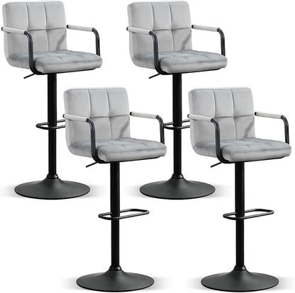 Furniliving Swivel Bar Stools Set of 4, Adjustable Kitchen Counter Height BarStools with Arms, Velvet Upholstered Bar Chair with Back and Footrest for Dining Room, Kitchen, Pub, Bar (Grey)