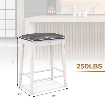 COSTWAY Upholstered Bar Stools Set of 2, 24-Inch Backless Counter Height Dining Stools with Delicate Wood Carving, Footrest, Solid Rubber Wood Frame, Farmhouse BarStools for Kitchen Island Bar, White