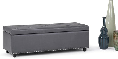 SIMPLIHOME Hamilton 48 inch Wide Transitional Rectangle Storage Ottoman in Stone Grey Vegan Faux Leather, Assembled, For the Living Room, Entryway and Family Room