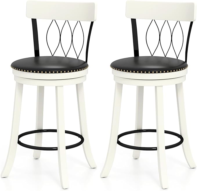 COSTWAY Bar Stools Set of 2, 26” Seat Height Swivel Barstools with Ergonomic Backrest, Soft Cushion & Footrest, Rubber Wood Counter Height Bar Chairs Upholstered Dining Chairs for Kitchen Island