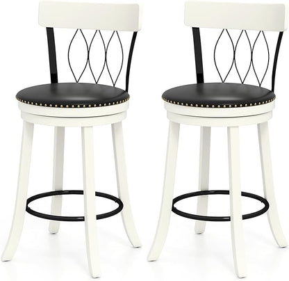 COSTWAY Bar Stools Set of 2, 26” Seat Height Swivel Barstools with Ergonomic Backrest, Soft Cushion & Footrest, Rubber Wood Counter Height Bar Chairs Upholstered Dining Chairs for Kitchen Island