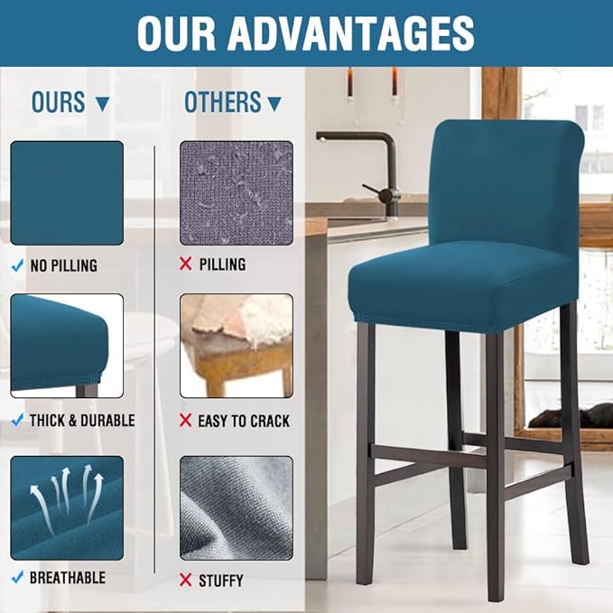 H.VERSAILTEX 100% Waterproof Bar Stool Cover Stretch Counter Stool Pub Chair Slipcover for Dining Room Removable Soft Thick Solid Fleece Fabric Bar Stool Slipcovers Set of 2, Peacock Blue