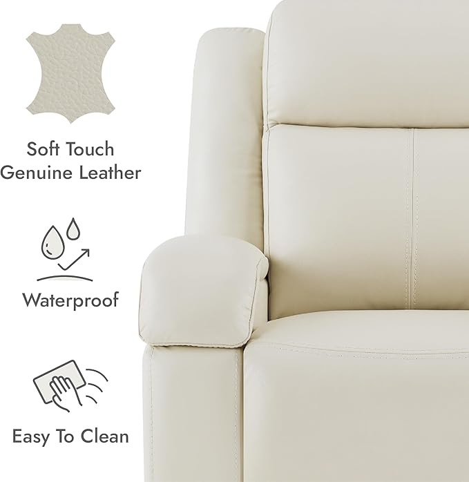 Watson & Whitely Oversized Genuine Leather Power Recliner Chairs for Big and Tall, Wall Hugger Recliner with Power Headrest & Charging Ports, Extra Large Reclining Chair for Living Room, Cream