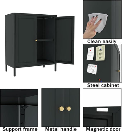 Small Storage Cabinet, Metal Modern Accent Cabinets with Doors and Shelves, Low Cabinet with high feet and Locker, Coffee Bar with Storage for Home,Office,Kitchen,Bathroom,Dining Room