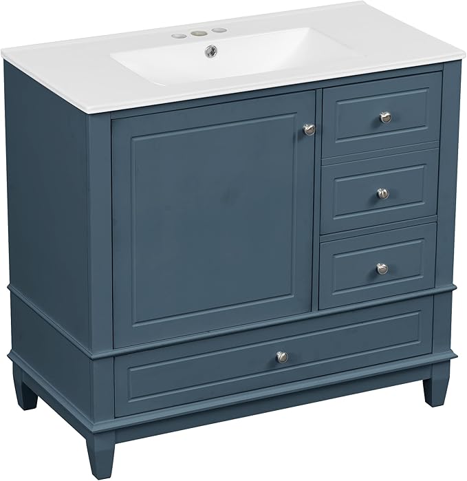 36 Inch Bathroom Vanity with Sink Set, Undermount Vanity Sink Cabinet with 3 Drawers and Door Storage, Soft Closing Door, Wood Frame, Blue Gray