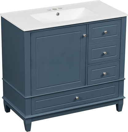 36 Inch Bathroom Vanity with Sink Set, Undermount Vanity Sink Cabinet with 3 Drawers and Door Storage, Soft Closing Door, Wood Frame, Blue Gray