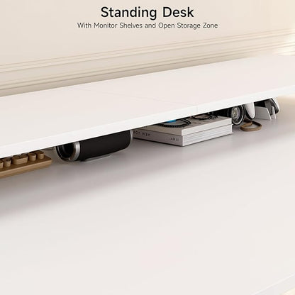 L Shaped Standing Desk, 71x43'' Electric L Stand Up Desk with 2 Adjustable Monitor Shelves, Dual Motor and Memory Controller, Adjustable Height from 28-46'' for Home and Computer Workstation, White
