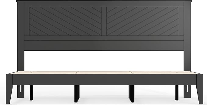 Serene Farmhouse Style Wood Bed in King Size with Chevron Scoring Headboard, Coastal Modern Design, Sturdy, Easy Assembly, Ample Underbed Storage, Black Finish